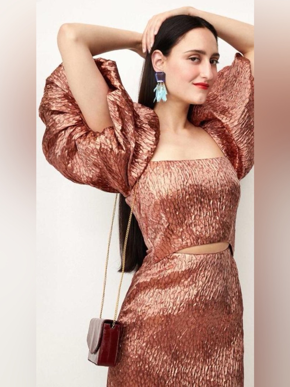 Rachel Comey Limbara Silk Dress Size 0 Textured Puff-Sleeve Copper Crespi Silk